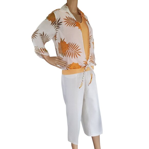 Banana Bay 3 Piece Women's M Tropical Resort Wear Set Apricot Tank Blouse Capris - Picture 12 of 15